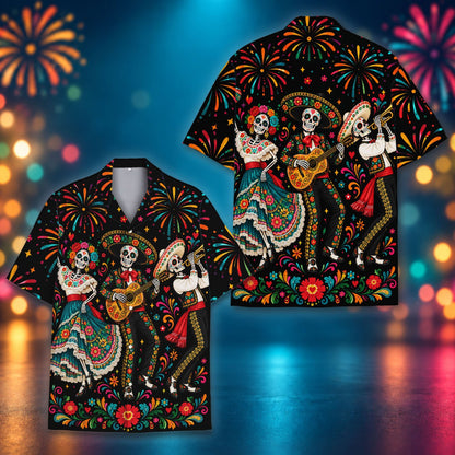 Front view of the Day of the Dead matching family Hawaiian shirt in different lighting