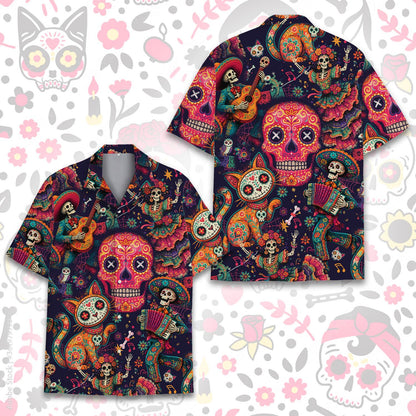 Matching Family Hawaiian Shirts featuring a vibrant Day of the Dead design, front view 4