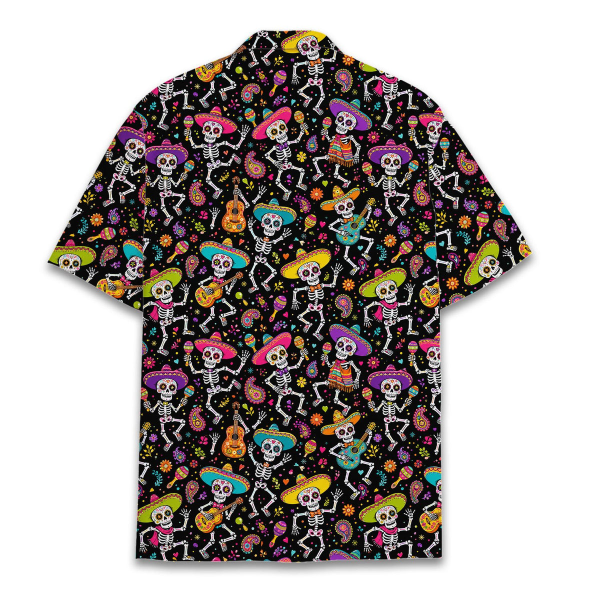 Additional front view of the black and multicolor skeleton hawaiian shirt