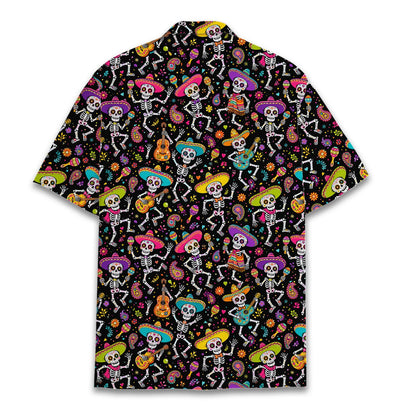 Additional front view of the black and multicolor skeleton hawaiian shirt