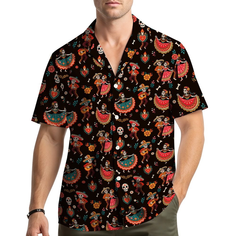 Front view highlighting the all-over Day of the Dead print with flaming hearts