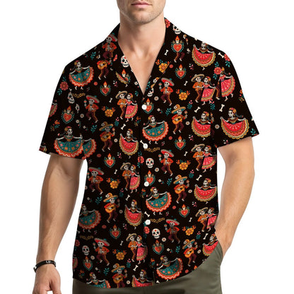 Front view highlighting the all-over Day of the Dead print with flaming hearts