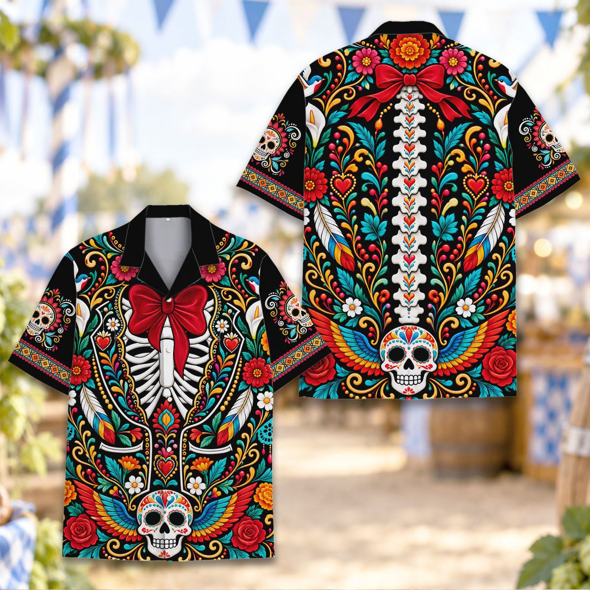 Front view detailing the vibrant Día de los Muertos elements