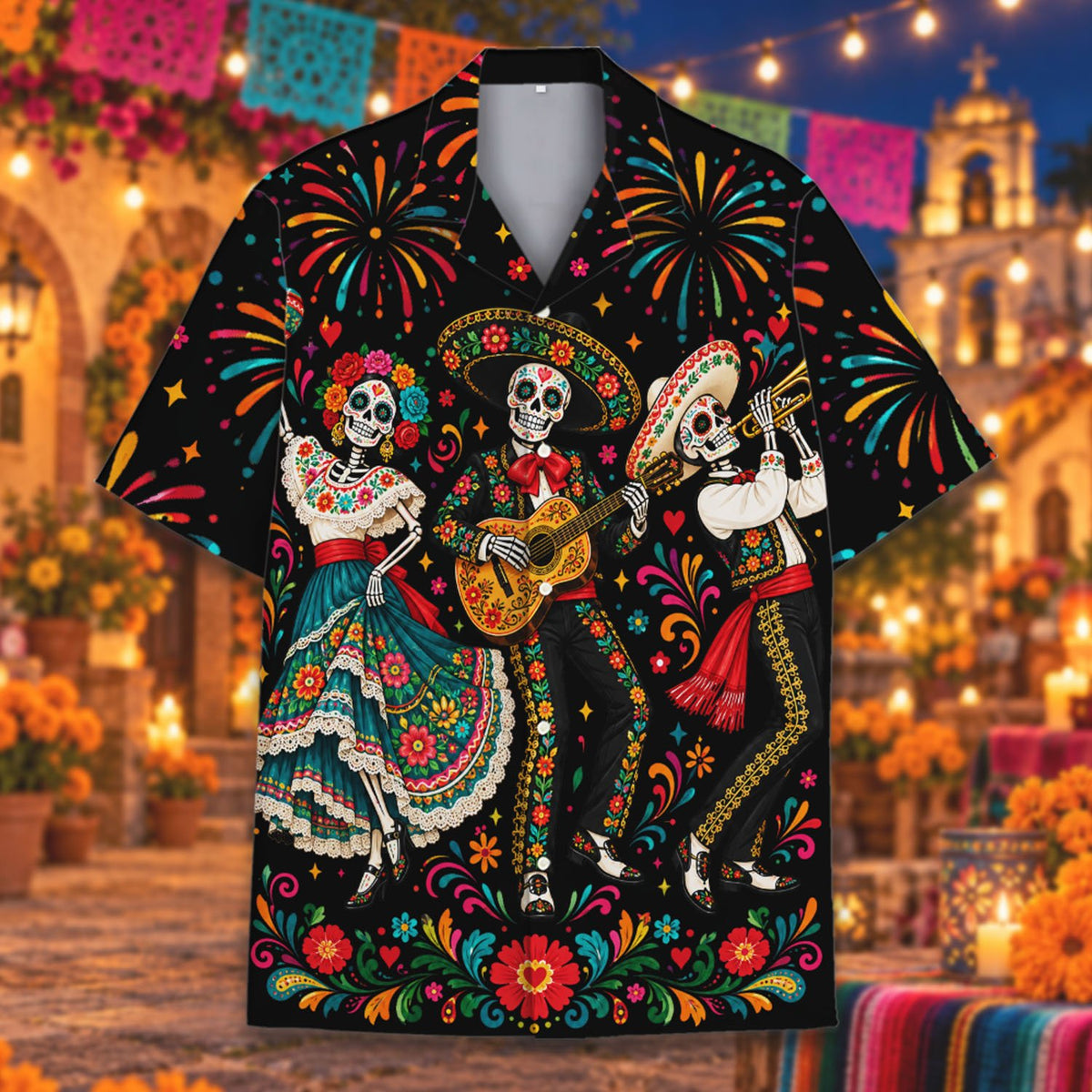 Detailed front view of the Day of the Dead skeleton design