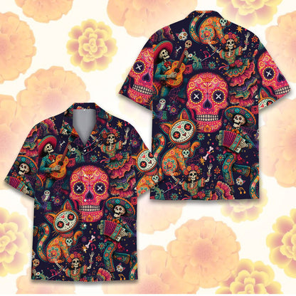 Matching Family Hawaiian Shirts featuring a vibrant Day of the Dead design, front view 5