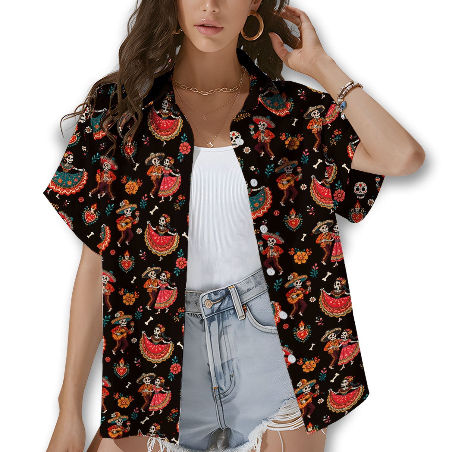 Front view of the holiday themed hawaiian shirt
