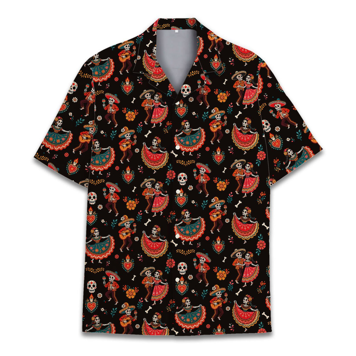 Front view showing the collar and short sleeves of the skeleton hawaiian shirt
