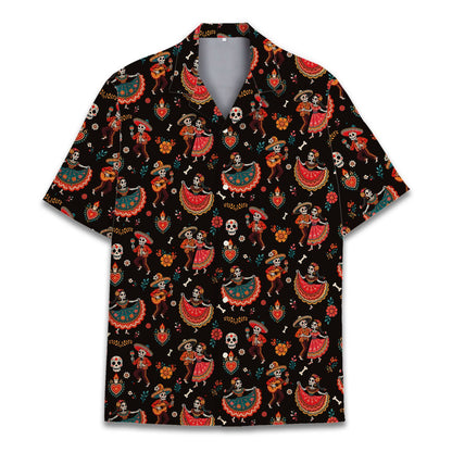 Front view showing the collar and short sleeves of the skeleton hawaiian shirt