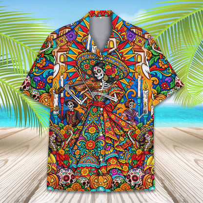 Front view of the day of the dead hawaiian shirt on a model