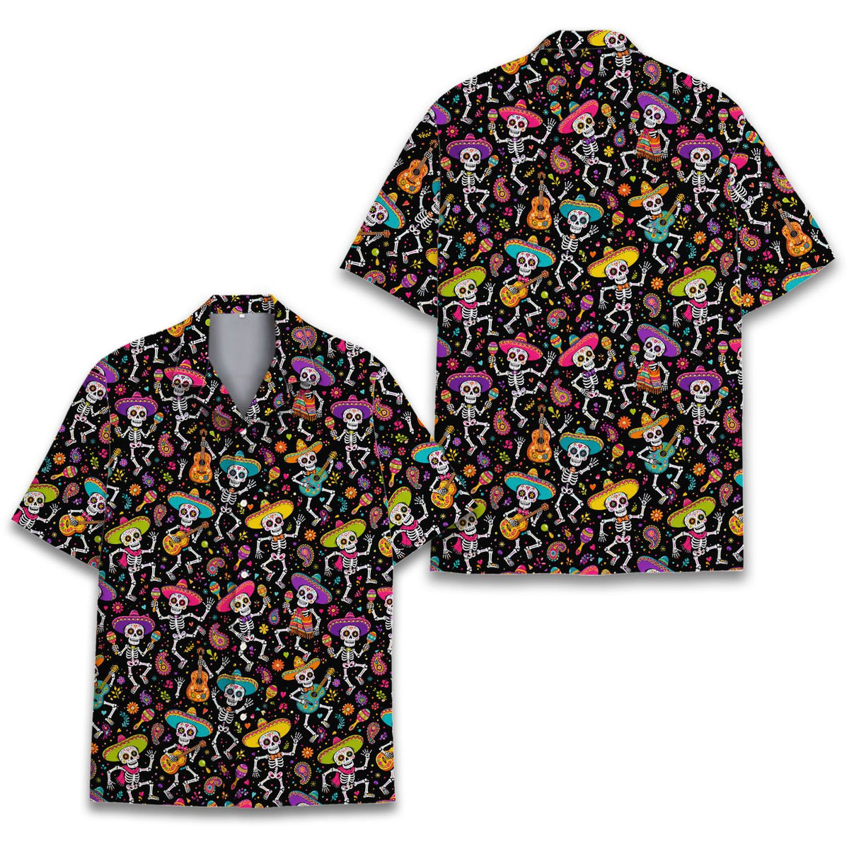 Front view of the Day of the Dead brain dead hawaiian shirt featuring skeletons and flowers