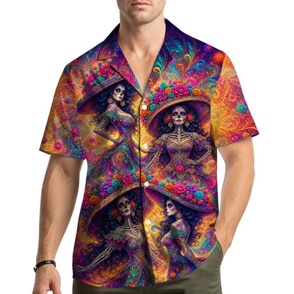 Vibrant Day of the Dead matching family hawaiian shirt in multicolor floral pattern, main view