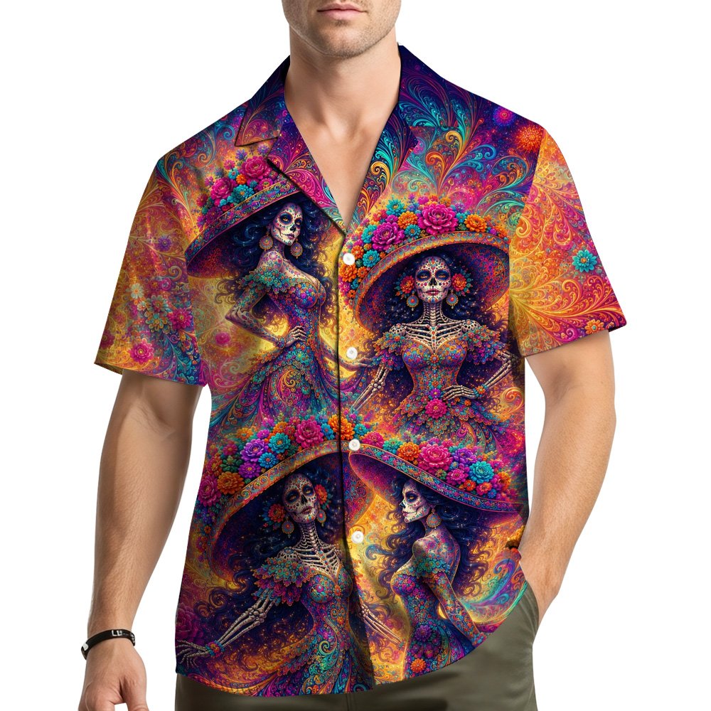 Front view of the Day of the Dead hawaiian shirt with skeleton women and floral hats