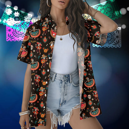 Front view of the Day of the Dead hawaiian shirt with colorful dancing skeletons