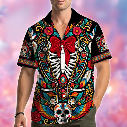 Main view of matching family hawaiian shirts featuring Day of the Dead floral design