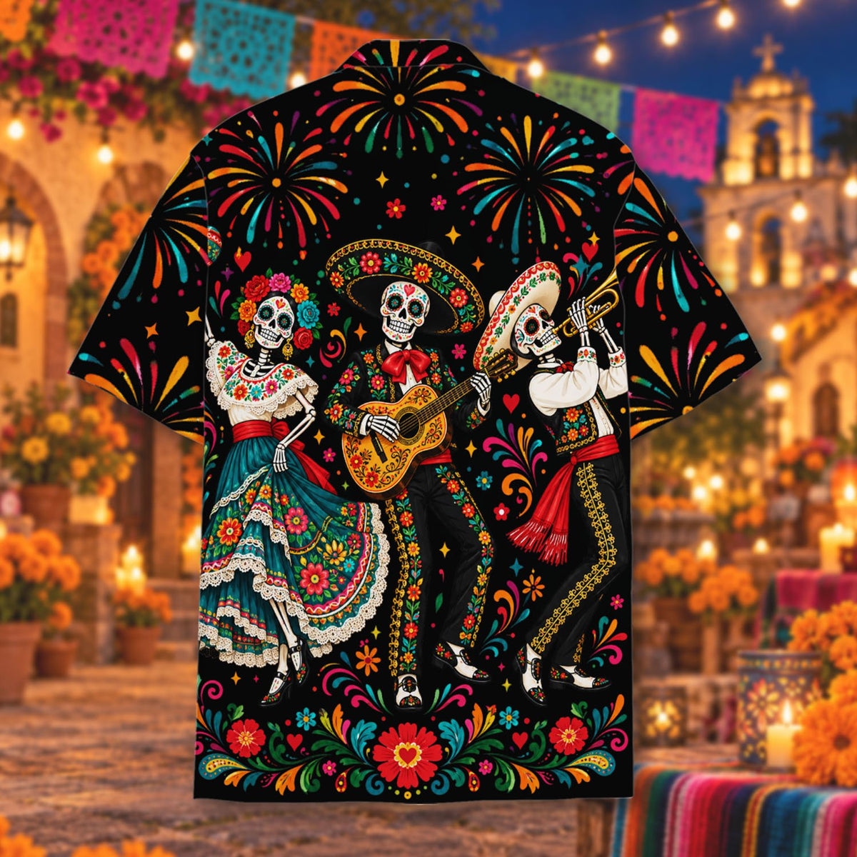 Day of the Dead matching family Hawaiian shirts featuring colorful skeletons, main view