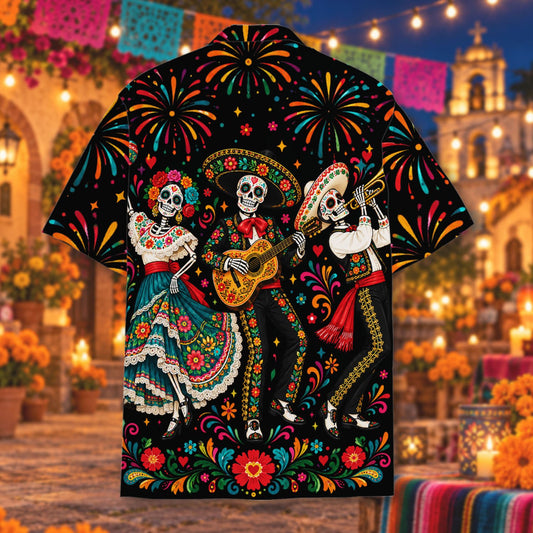 Day of the Dead matching family Hawaiian shirts featuring colorful skeletons, main view