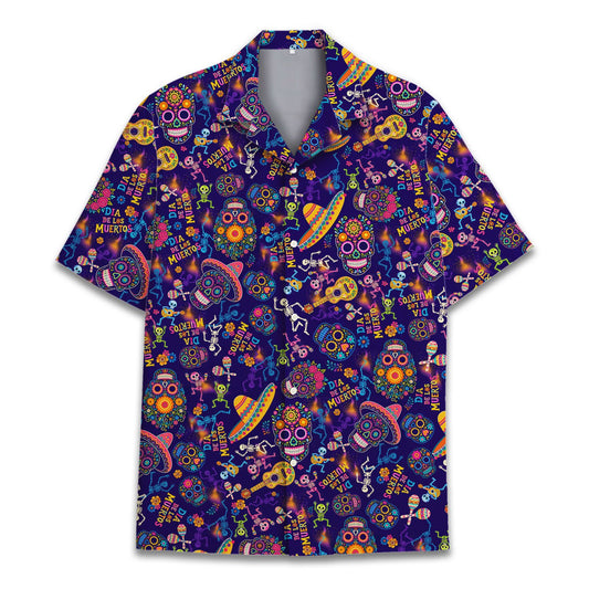 Main view of the Day of the Dead Hawaiian shirt featuring colorful sugar skulls and skeletons on a dark background