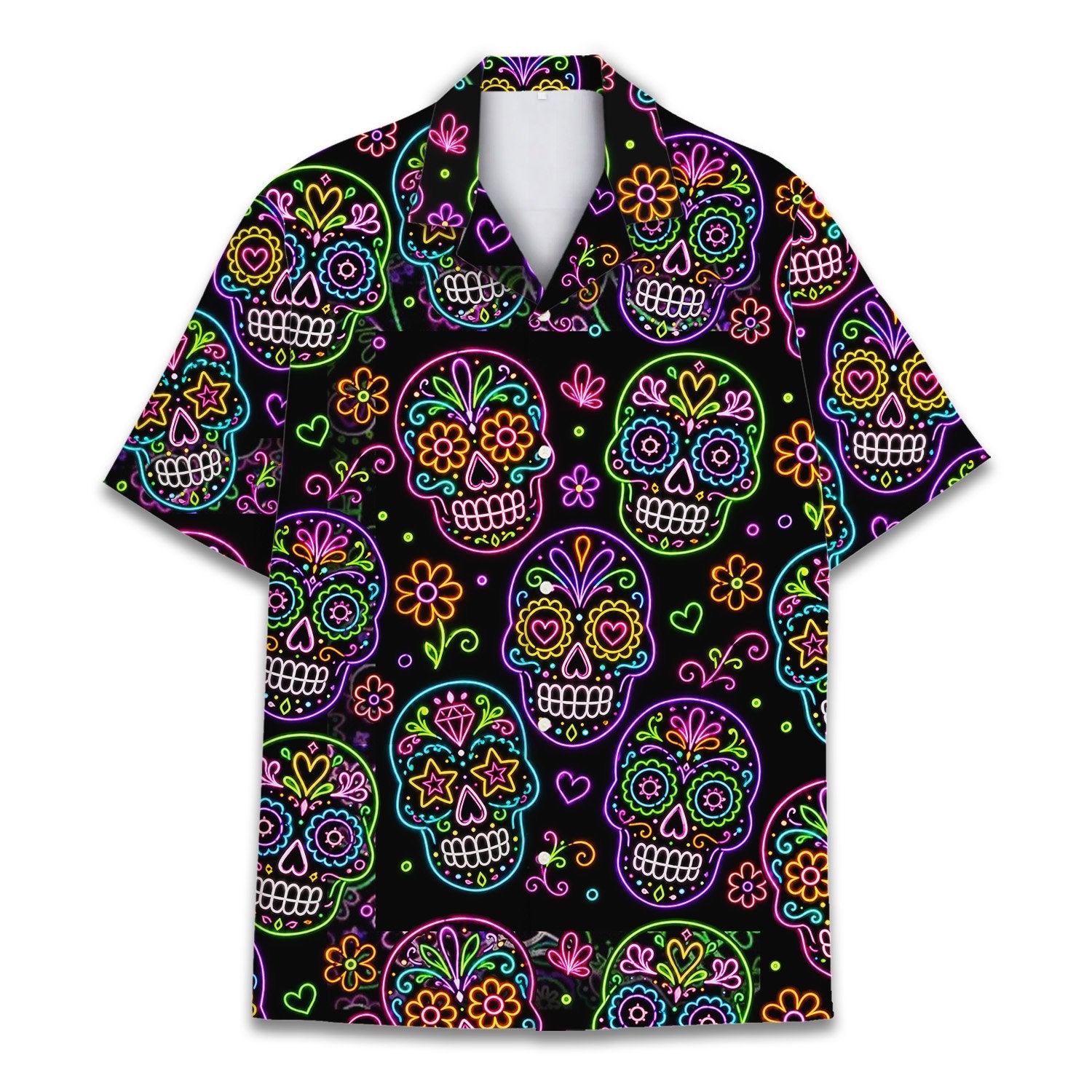 Front view of the neon sugar skull matching family hawaiian shirt