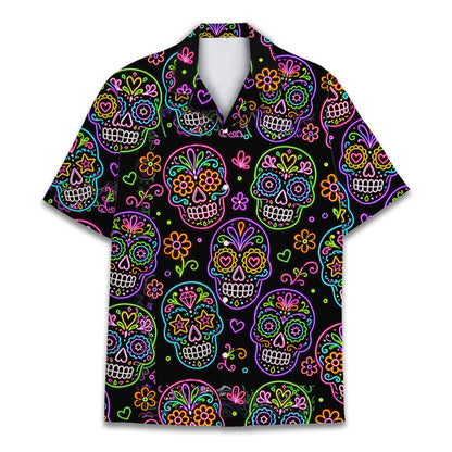 Front view of the neon sugar skull matching family hawaiian shirt