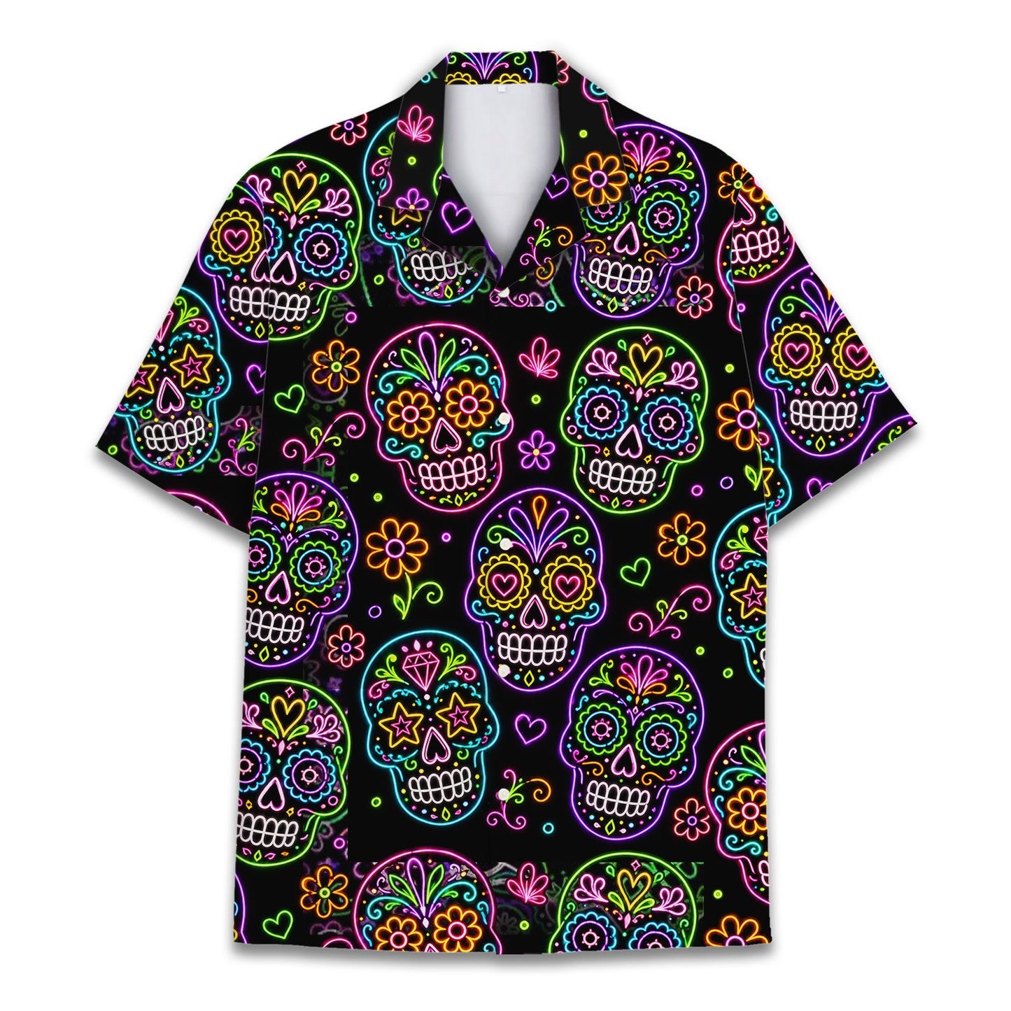 Matching family day of the dead hawaiian shirt with neon sugar skulls, main view