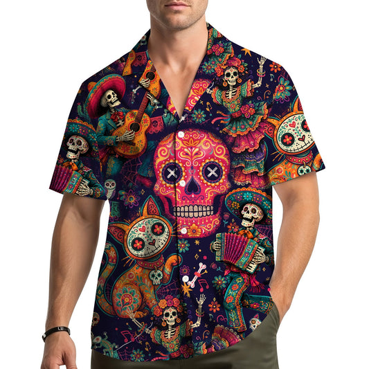 Matching Family Hawaiian Shirts featuring a vibrant Day of the Dead design, main view