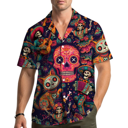 Matching Family Hawaiian Shirts featuring a vibrant Day of the Dead design, front view