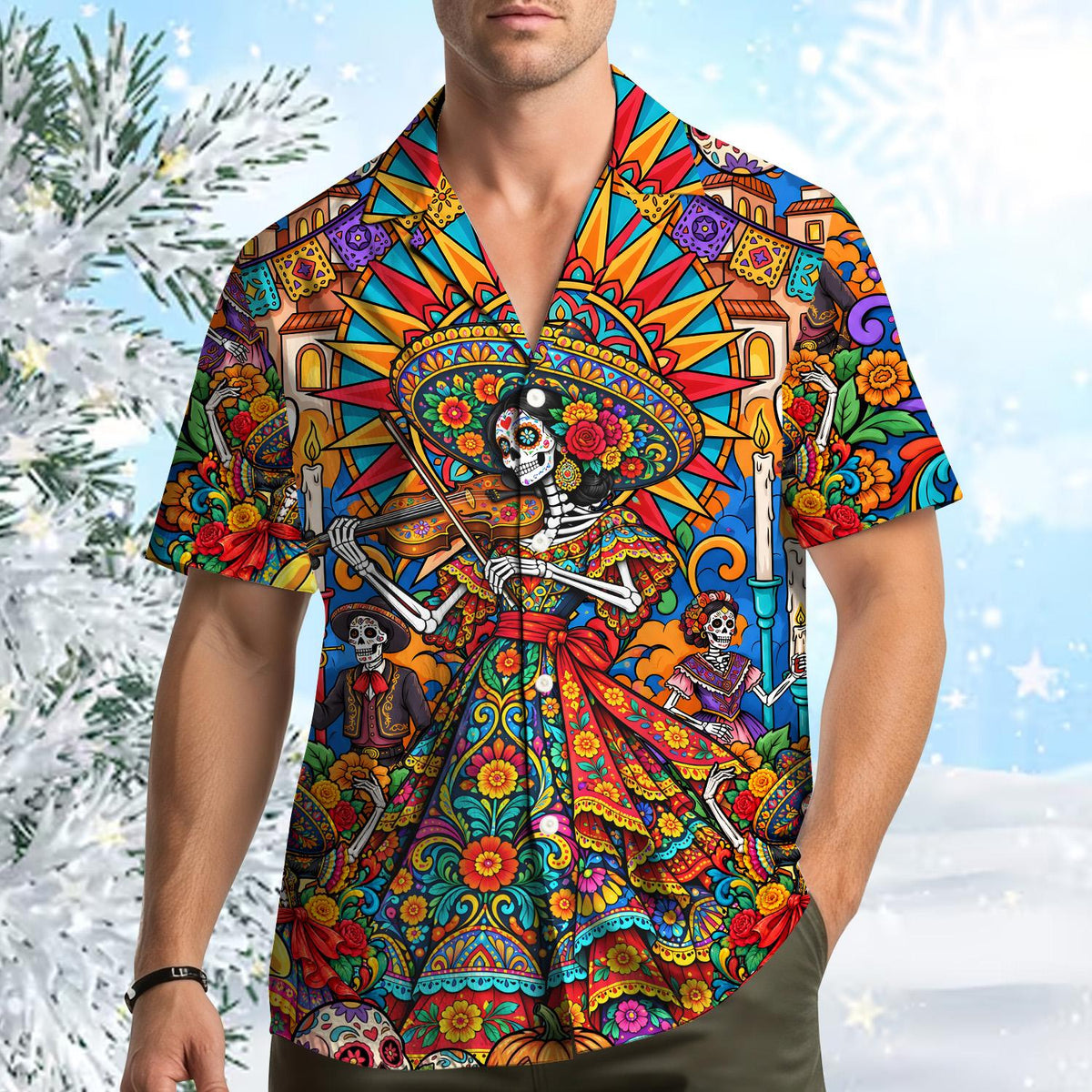 Second lifestyle image of the family enjoying the day of the dead hawaiian shirts