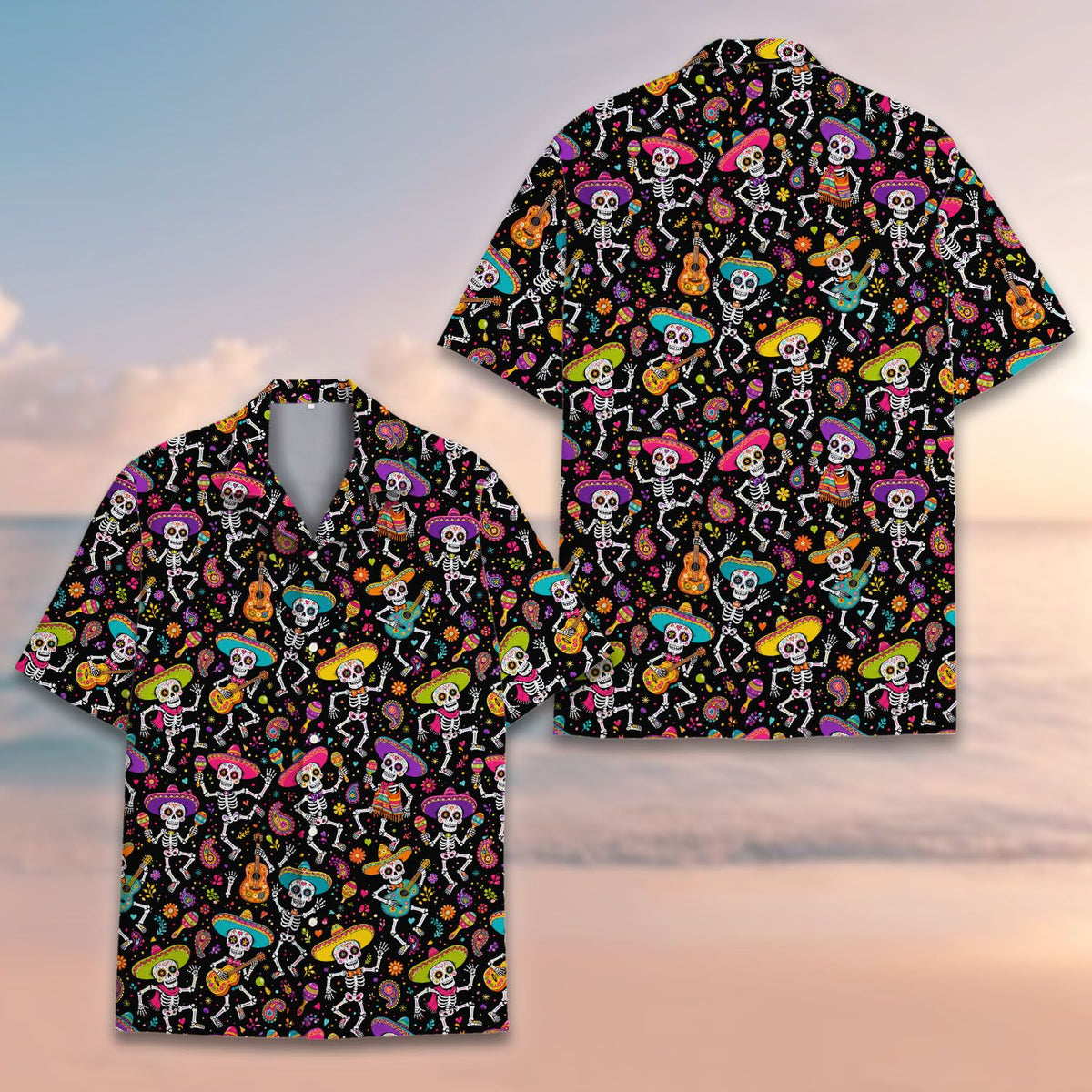 Second lifestyle view of the Day of the Dead hawaiian shirts being worn