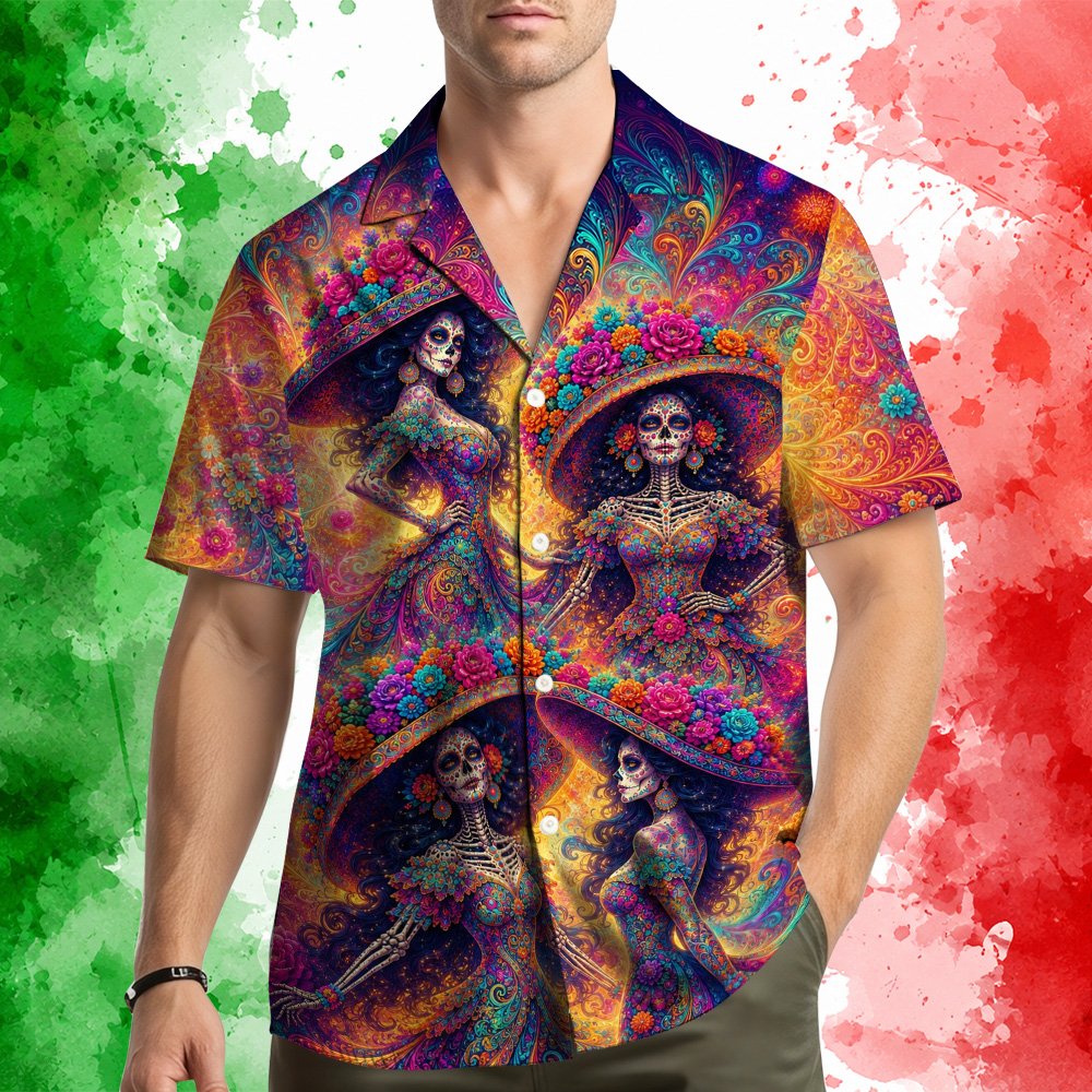 Another lifestyle shot displaying the vibrant floral Day of the Dead hawaiian shirts