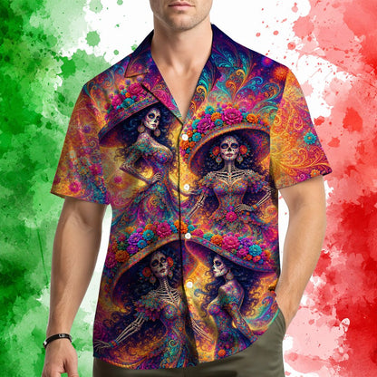 Another lifestyle shot displaying the vibrant floral Day of the Dead hawaiian shirts
