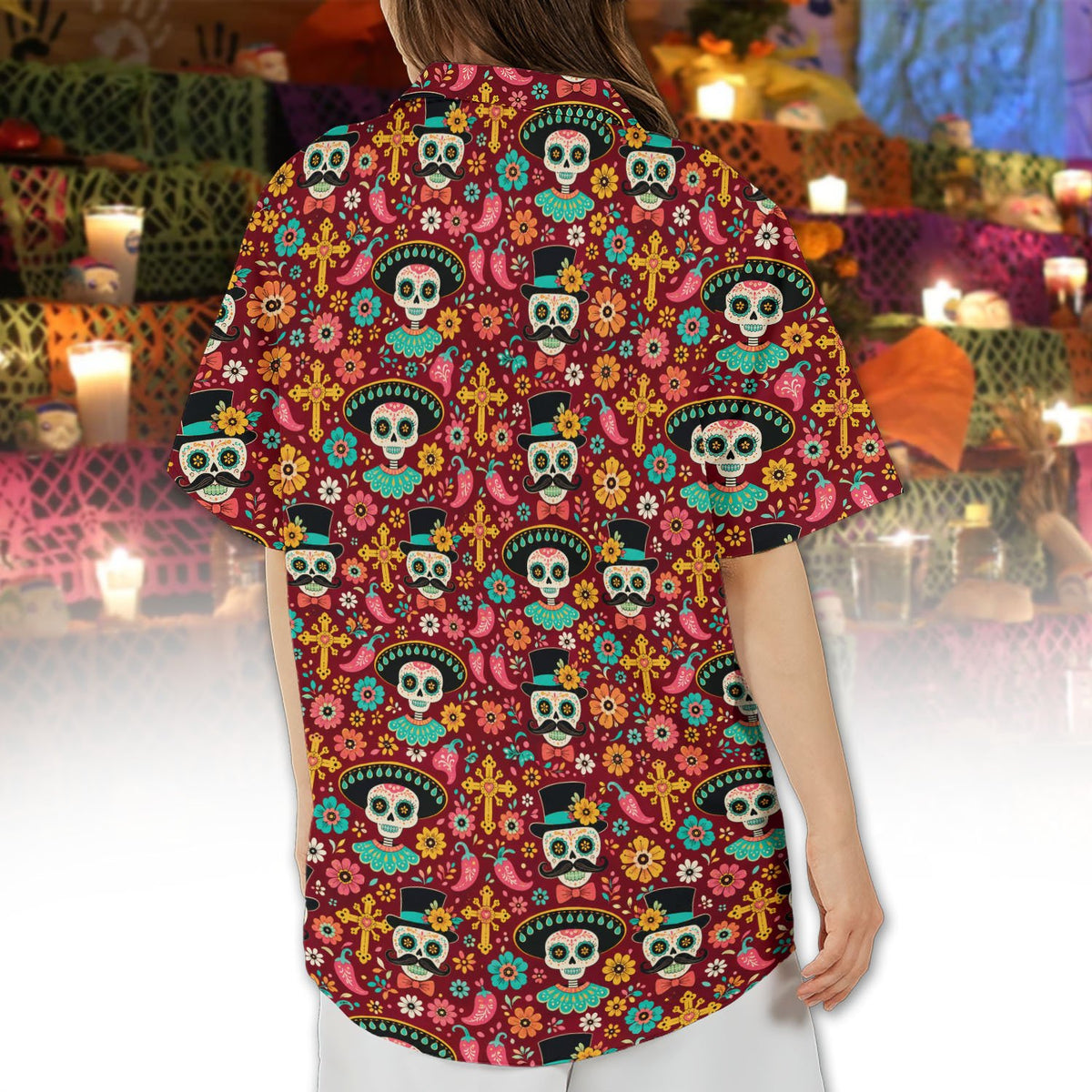 Family wearing Day of the Dead matching Hawaiian shirts second lifestyle view