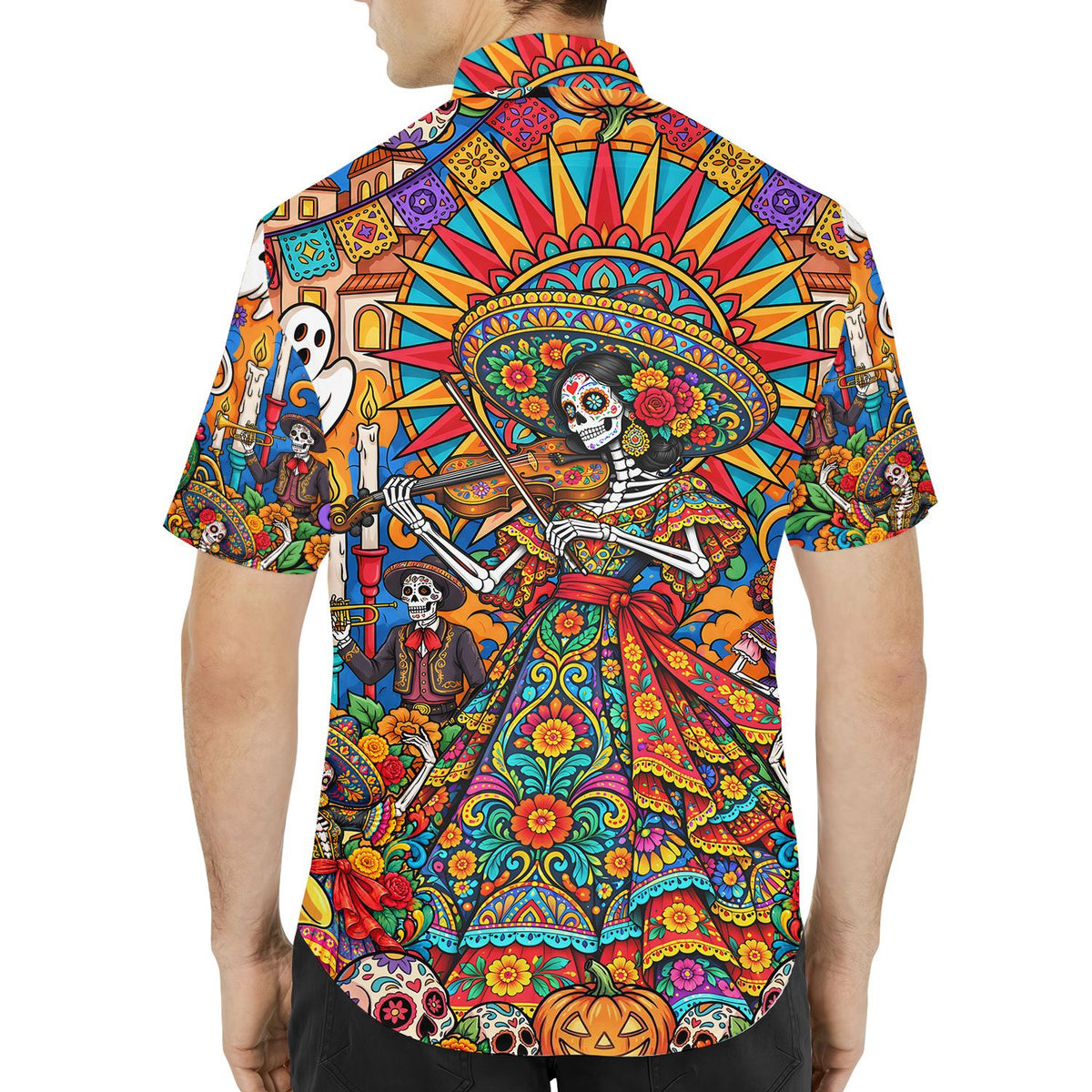 Third lifestyle view of the vibrant holiday hawaiian shirt outdoors