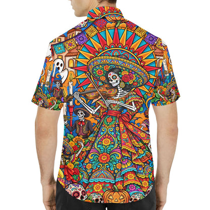 Third lifestyle view of the vibrant holiday hawaiian shirt outdoors