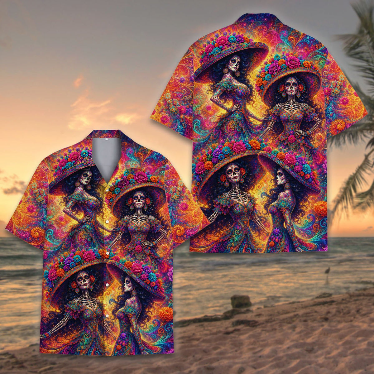 Lifestyle image featuring the Day of the Dead matching family hawaiian shirts