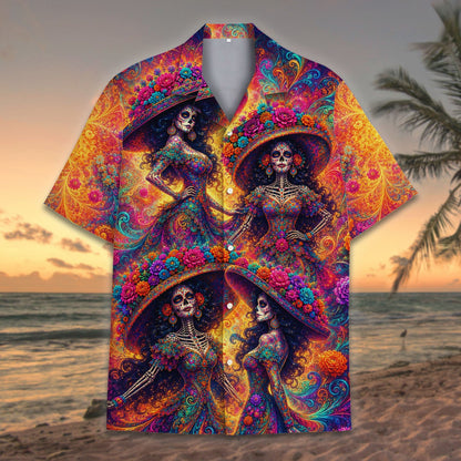 Close-up lifestyle view of the multicolor Day of the Dead hawaiian shirt pattern