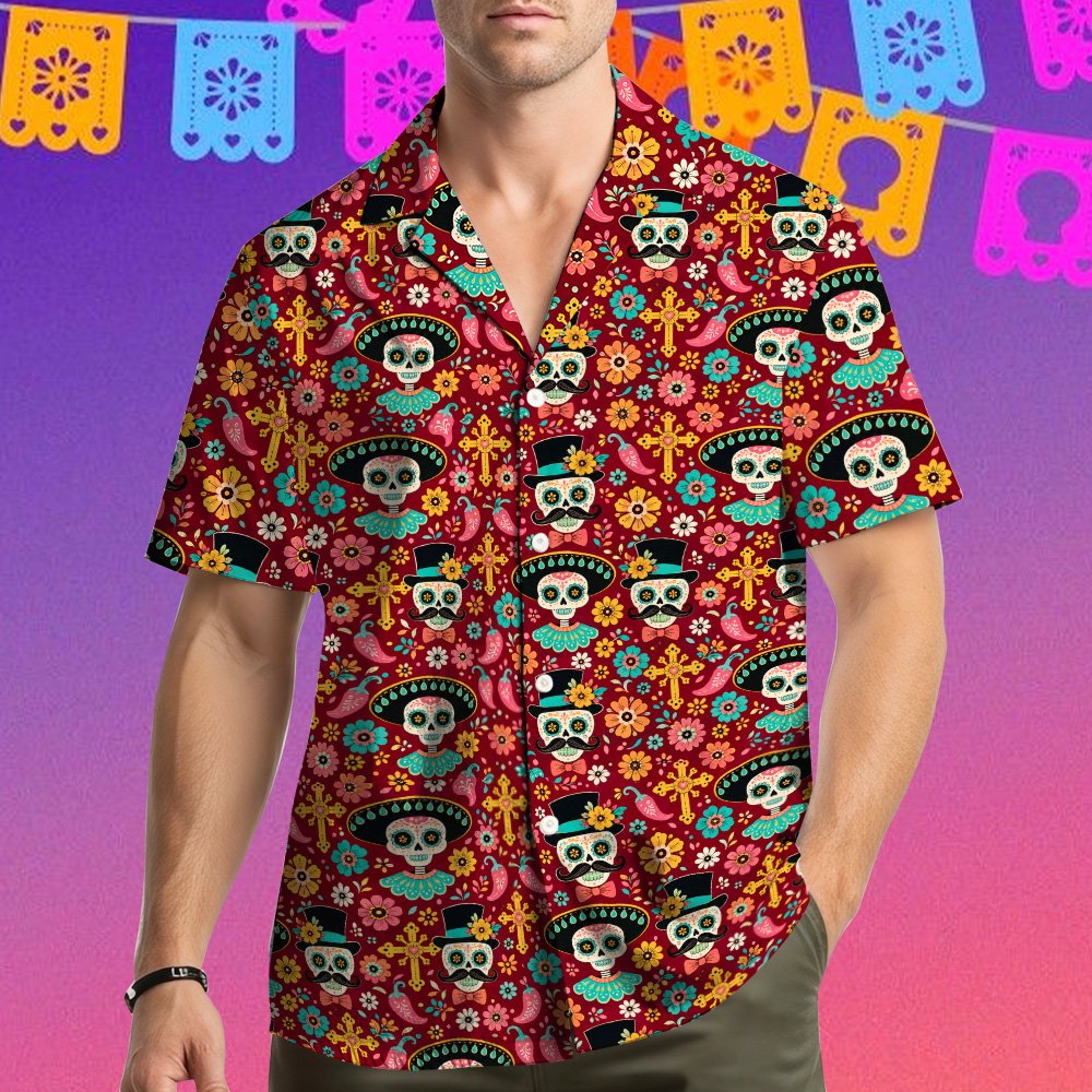 Family wearing Day of the Dead matching Hawaiian shirts fourth lifestyle view
