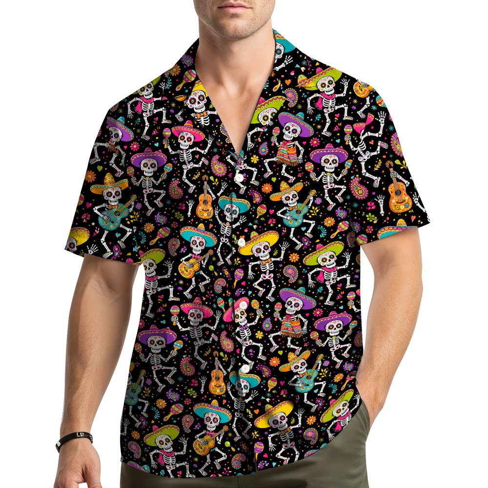 Lifestyle view of people wearing the Day of the Dead family matching hawaiian shirts