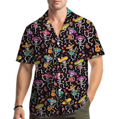 Lifestyle view of people wearing the Day of the Dead family matching hawaiian shirts