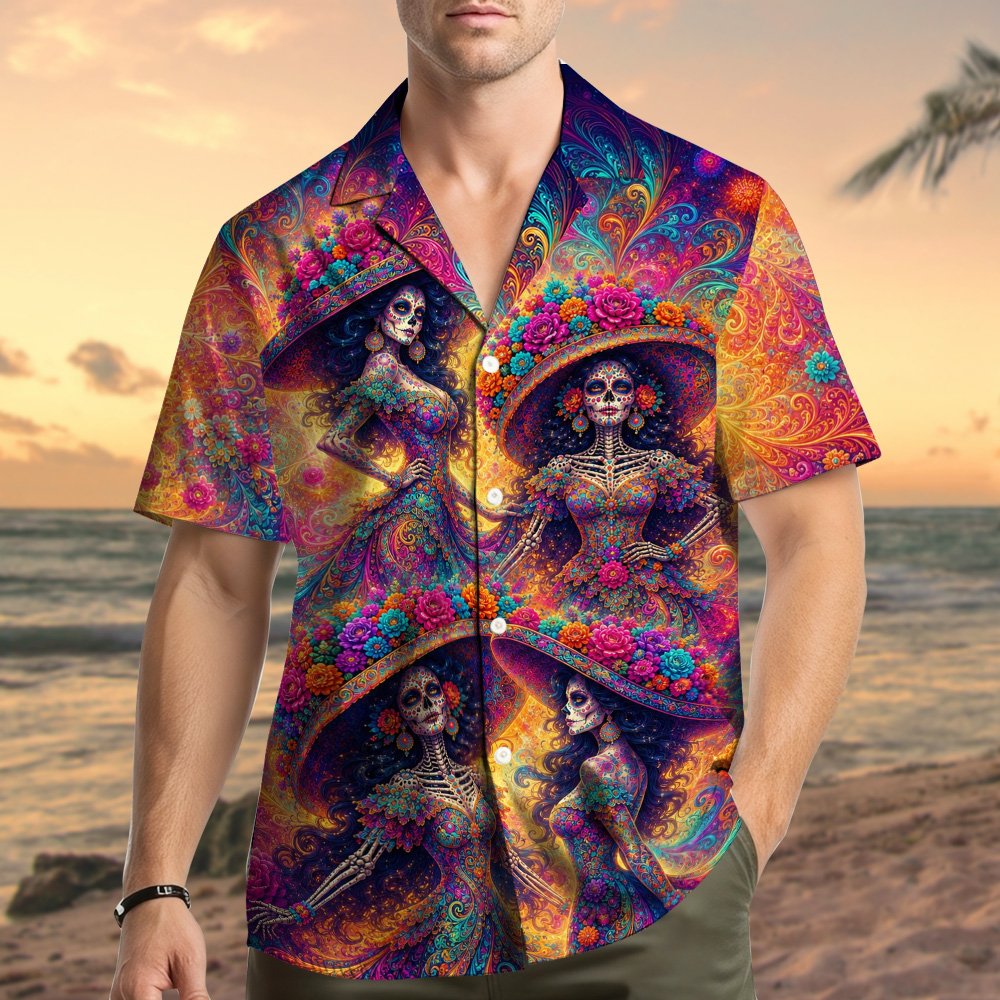 Lifestyle view of a family wearing matching Day of the Dead hawaiian shirts