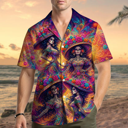 Lifestyle view of a family wearing matching Day of the Dead hawaiian shirts