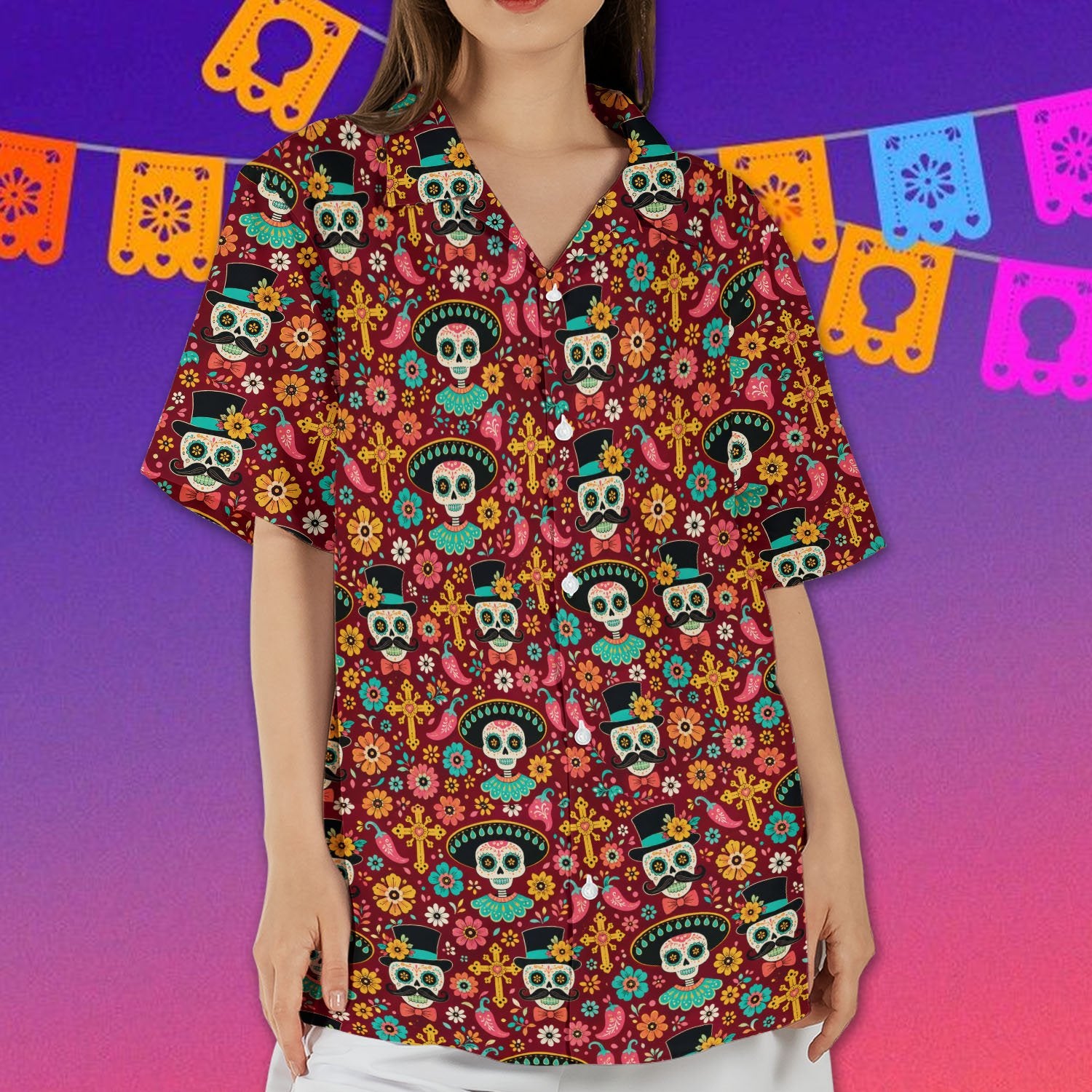 Family wearing Day of the Dead matching Hawaiian shirts lifestyle view