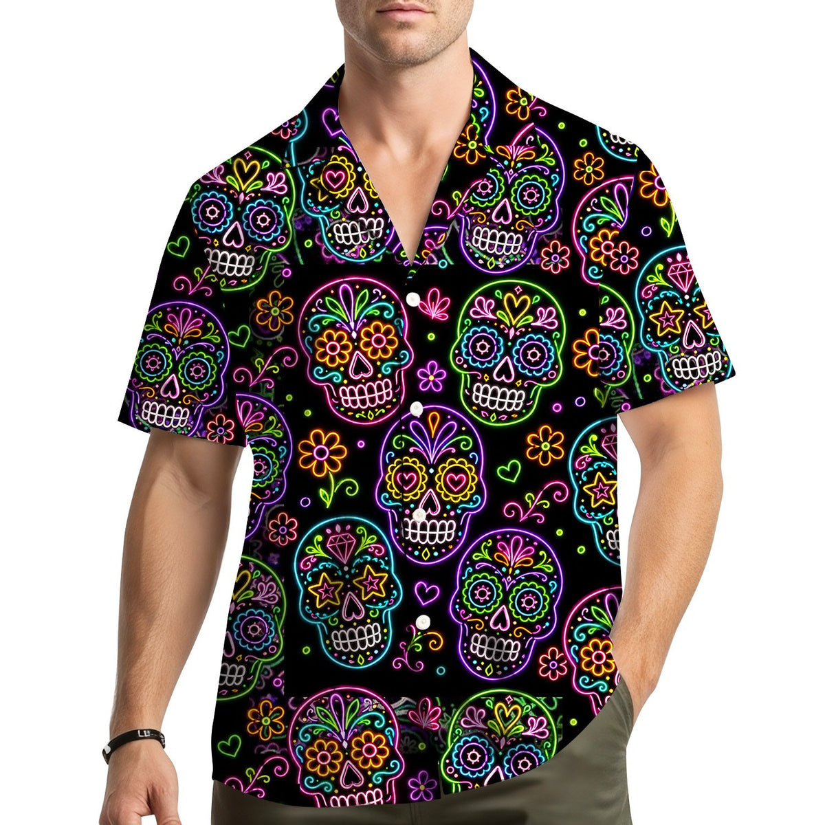 Lifestyle view of a person wearing the day of the dead hawaiian shirt