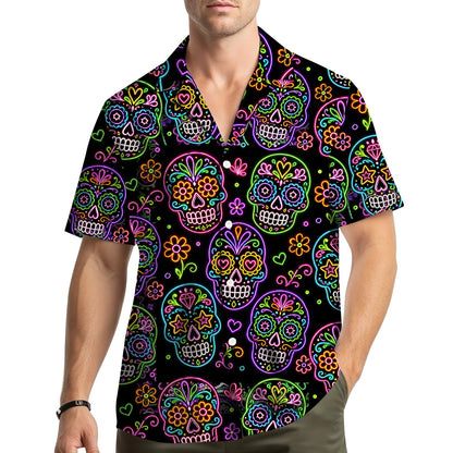 Lifestyle view of a person wearing the day of the dead hawaiian shirt