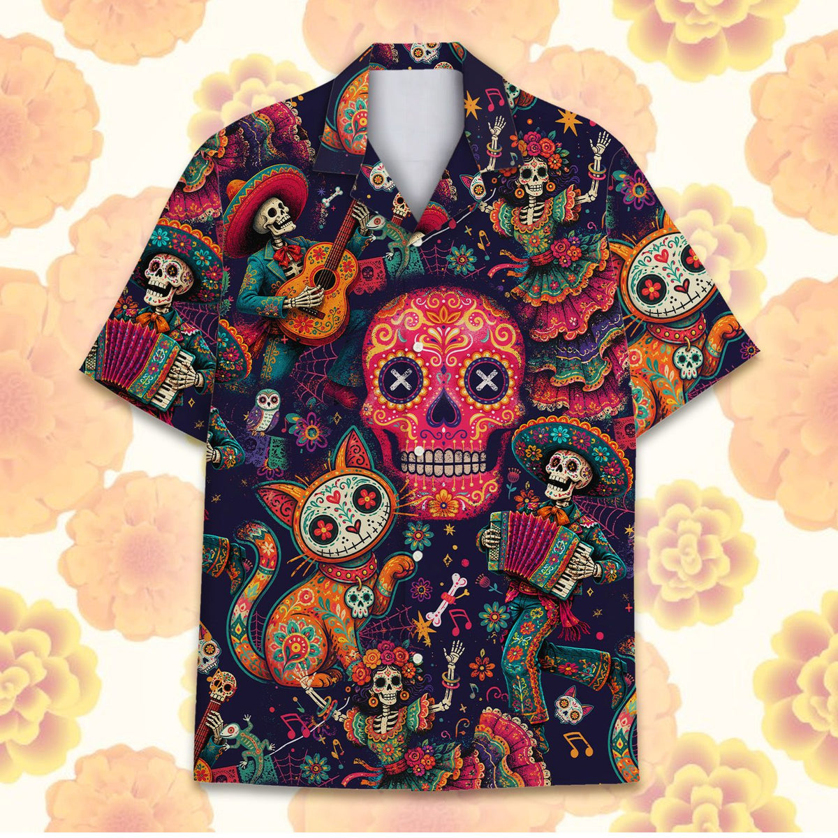 Matching Family Hawaiian Shirts featuring a vibrant Day of the Dead design, lifestyle view