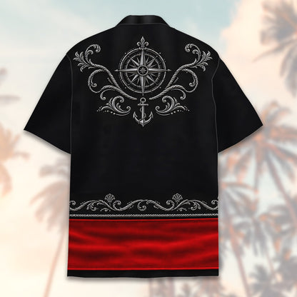 Back view of skeleton hawaiian shirt showing silver filigree and nautical compass