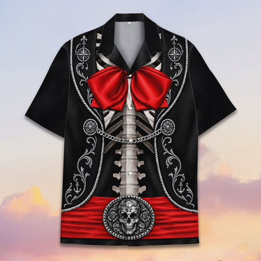 Father's day hawaiian shirt with skeleton and red bow tie design, front view