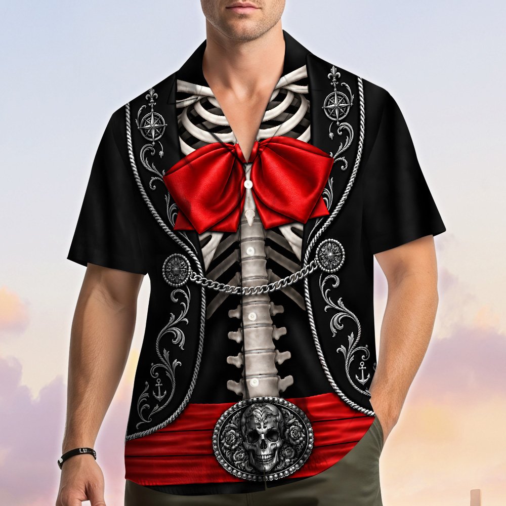 Second lifestyle view of the black and red skeleton hawaiian shirt