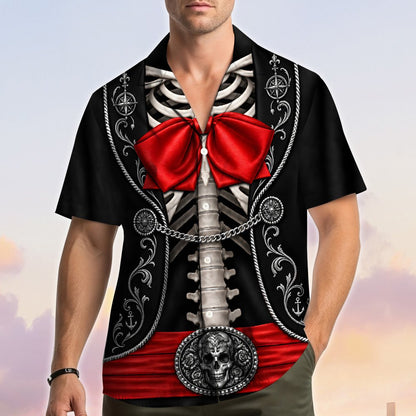 Second lifestyle view of the black and red skeleton hawaiian shirt