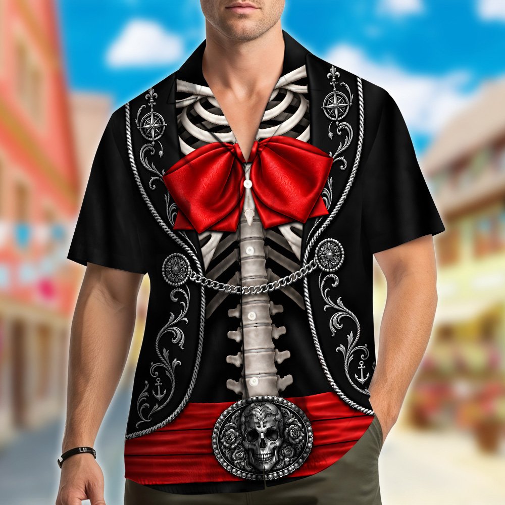Third lifestyle view showing the day of the dead skeleton shirt