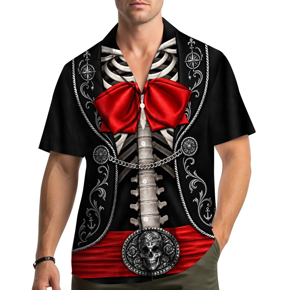 Lifestyle view of someone wearing the skeleton ribcage button-down shirt